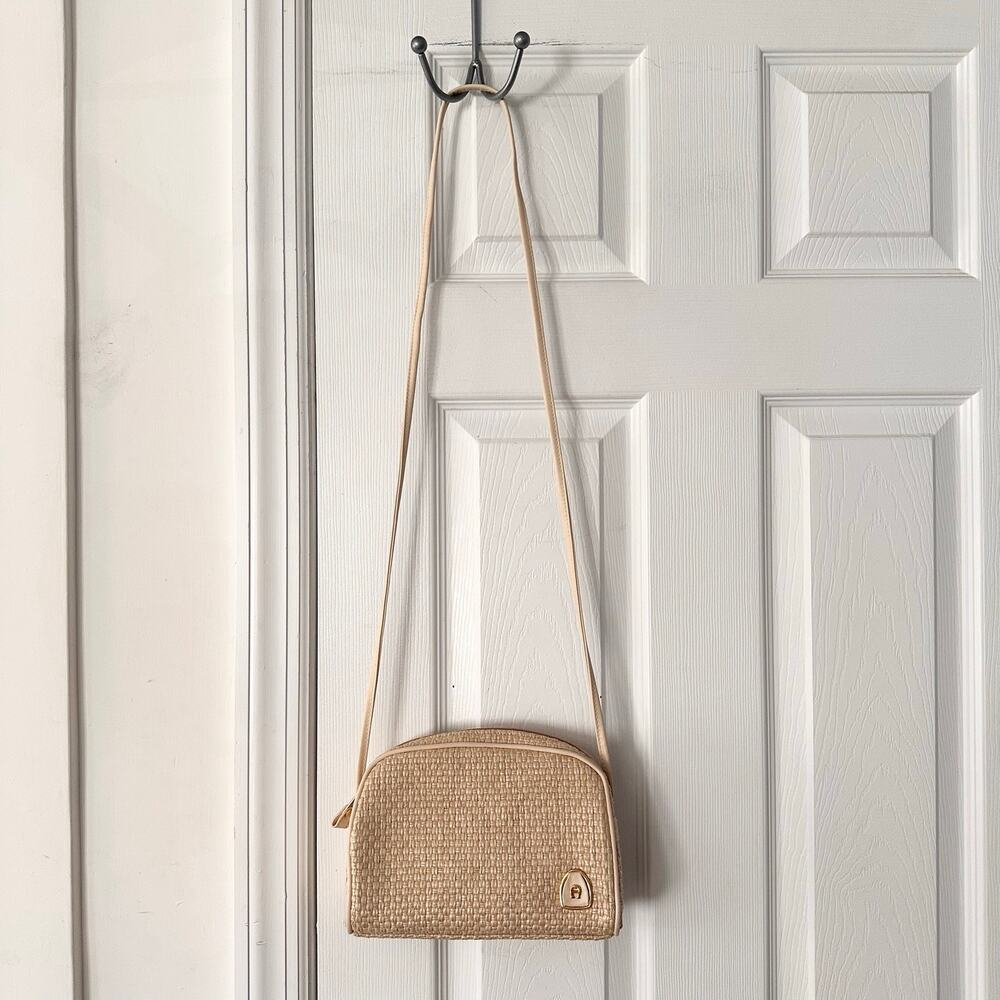 Etienne Aigner Vintage Woven Straw Leather Beige Crossbody Top Zip Bag